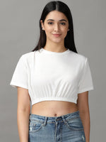 Women's White Solid Cinched Waist Crop Top-AE-10504-White