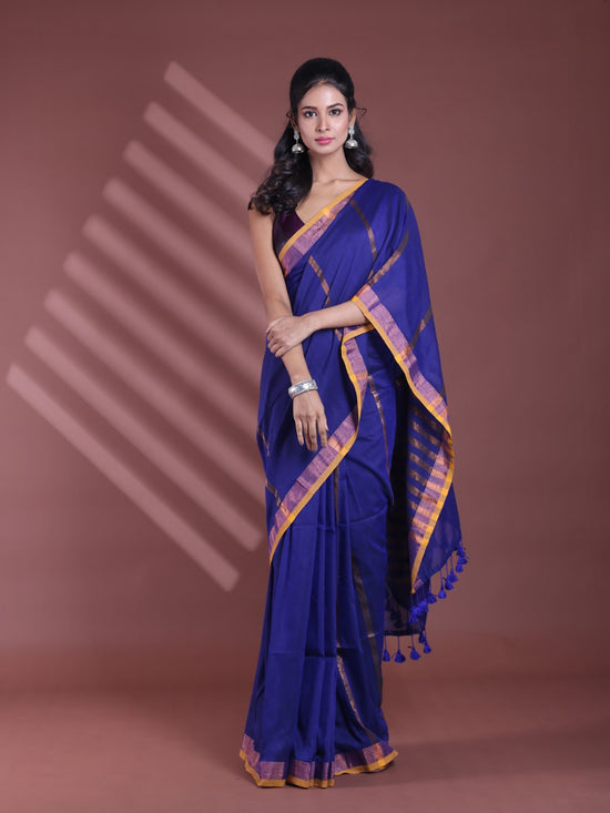 Blue Pure Cotton Zari Stripe Soft Saree With Zari Border-MA59CT06520062