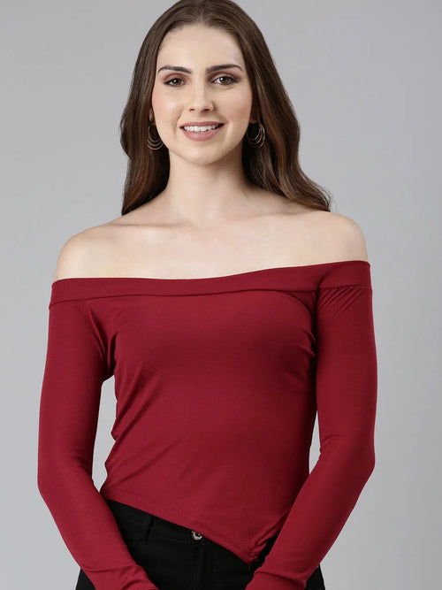 Off-Shoulder Regular Sleeves Solid Maroon Crop Top-AE-10637-Maroon