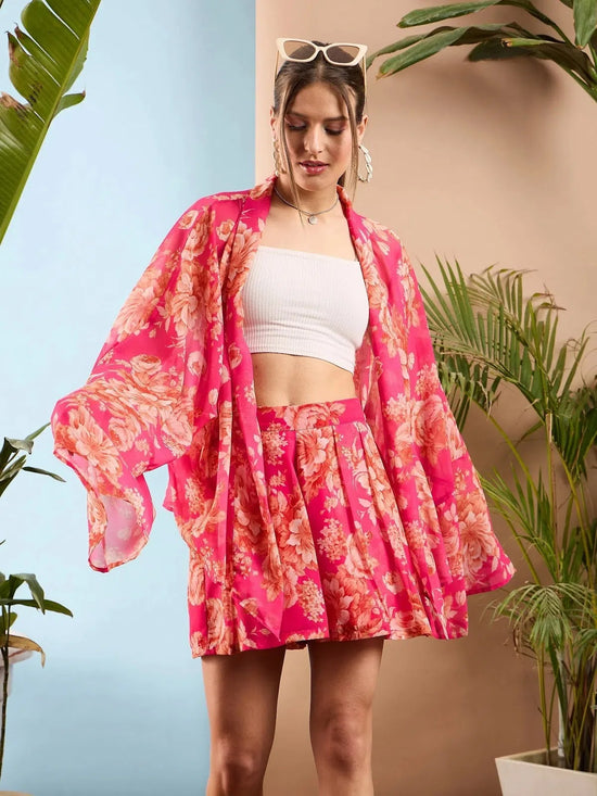 Women Pink Floral Front Open Kimono Shrug-SFJCKT6905-Pink