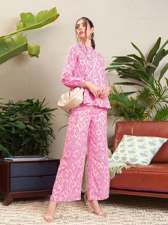 Women Pink Ikat Tiered Shirt With Palazzo Pants