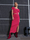 Women Magenta Rib Round Neck Top With Skirt