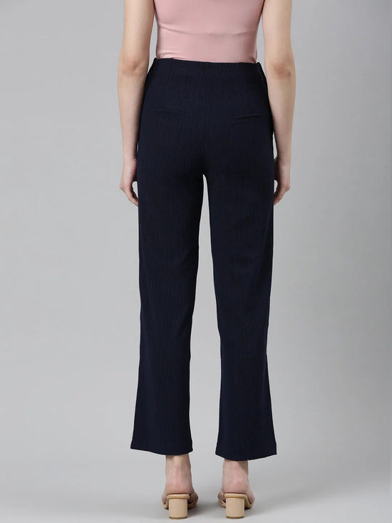 Women Navy Blue Solid Parallel Trouser-LT-KN-249-Navyblue