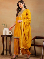 Ahika Women Yellow Silk Blend Embroidered Straight Kurta Palazzo Set