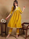 Ahika Women Yellow Silk Blend Embroidered A-Line Kurta Pant Set