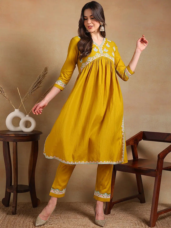 Ahika Women Yellow Silk Blend Embroidered A-Line Kurta Pant Set