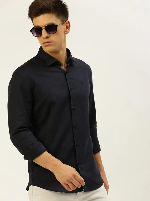 Men Navy Solid Casual Shirt-MEGANLINEN-3482-Navyblue