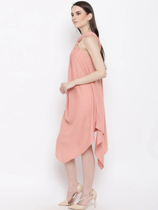 Draped ring neck flare dress in Dusty Pink