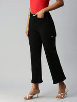 Women's Black Solid Denim Wide Leg Jeans-IM9812-Black