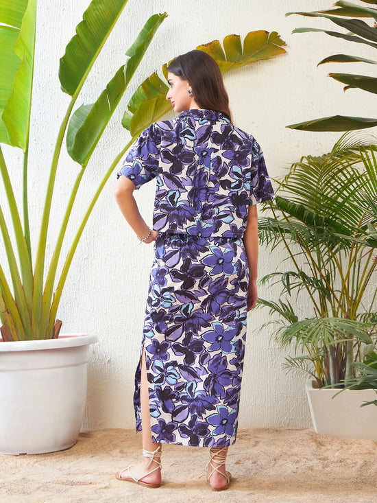 Women Purple Floral Crop Shirt With Side Ruched Maxi Skirt