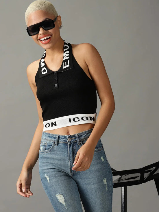 Women's Black Solid Fitted Crop Top-ARN-952-Black