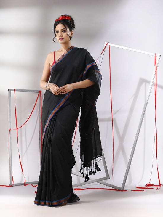 Black Cotton Saree With Sequined Pallu-MA55CT06520114