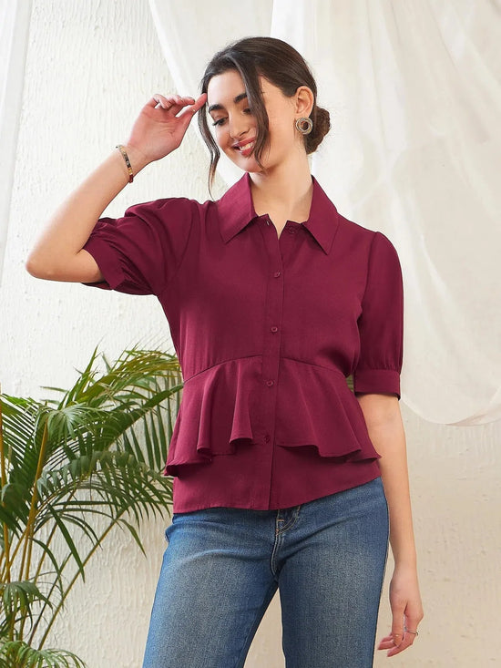 Women Maroon Frill Detail Shirt Style Blouse