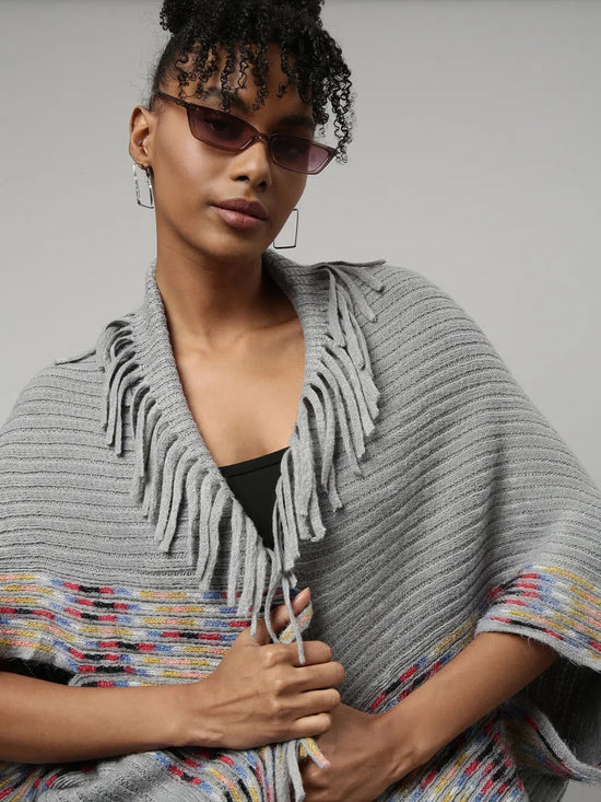 Women Striped Grey Longline Poncho-CHN-9922-Grey