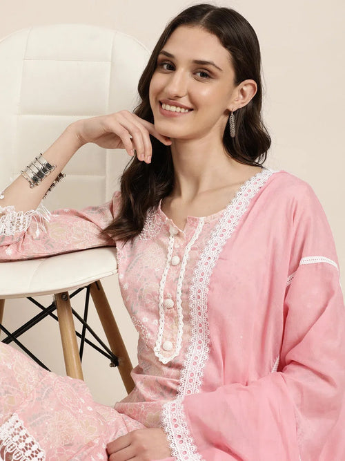 Women Pink Floral Kurta Set-UB-004-Pink