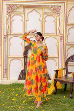 Vaasva Women Mustard Organza Multi Floral Print & Embroidered Anarkali Kurta, Pant & Dupatta set