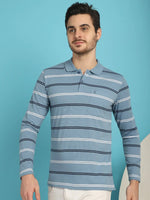 Venitian Men Striped Polo Neck Full Sleeves Blue T-Shirt With Pocket