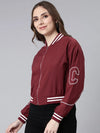 Women Solid Maroon Crop Drop Shoulder Bomber Jacket-8283-1-Maroon