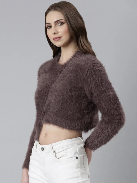 Women Taupe Solid Crop Cardigan-CHN-618-Taupe