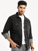 Men Charcoal Spread Collar Solid Denim Jacket-IB-DJ-03-2-Charcoal