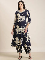 Women Straight Navy Blue Ethnic Motifs Kurta and Trousers Set-GW-4581-Navyblue