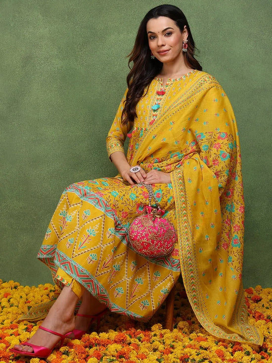 Ahika Women Yellow Pure Cotton Floral Printed Anarkali Kurta Trouser With Dupatta