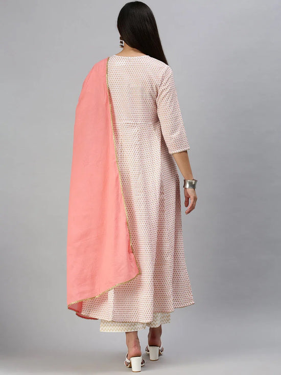 Women's White & Pink Printed Kurta Sets-BS1595B-White-Pink