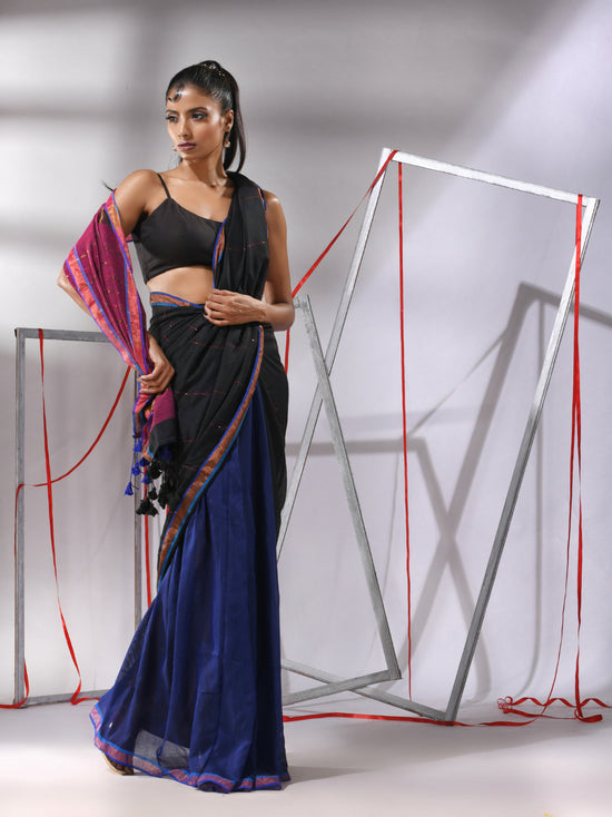 Black Cotton Saree With Sequine Work And Zari Stripe Pallu-MA55CT06520127