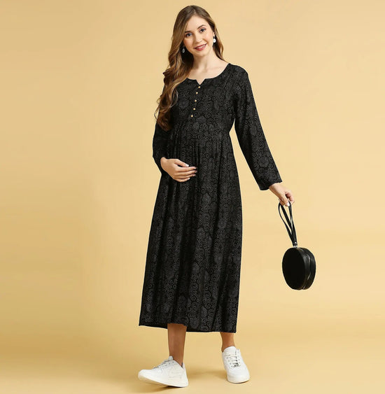 MomToBe Floral Printed Maternity A-Line Midi Dress-1208mtbblkprntd-l