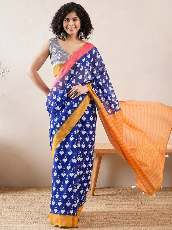 Ahika Women Blue Linen Ikat Printed Saree-VFSAR1008