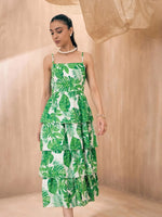 Women Green Leaf Print Frill Strappy Midi Dress