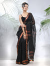 Black Linen Saree With Sequined Work In Stripes-MA56LN331160036