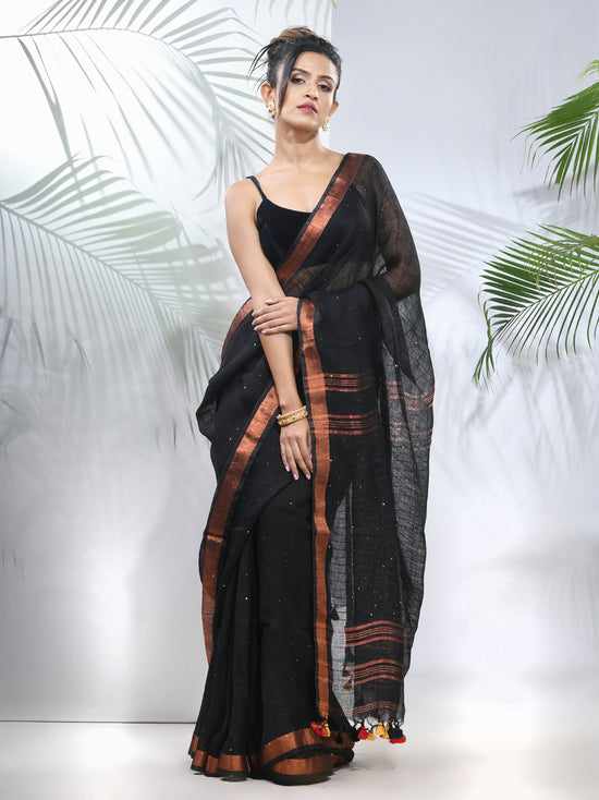 Black Linen Saree With Sequined Work In Stripes-MA56LN331160036