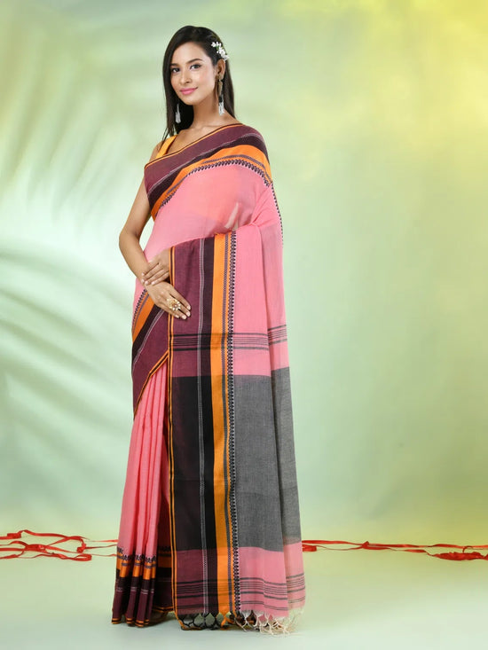 Peach Cotton Saree With Temple Borders-MA66CT43640010