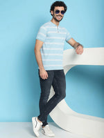 Venitian Men Henley Neck Striped Cotton Blue T-Shirt