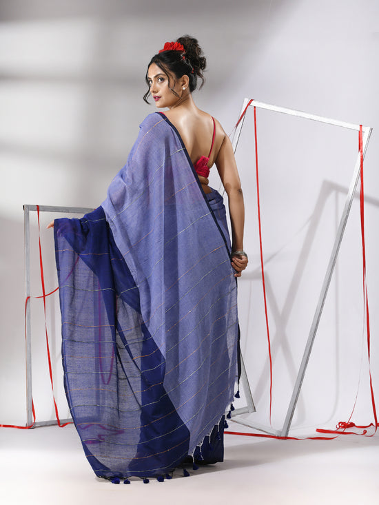 Blue Cotton Saree With Stripes Pattern Sequine Work-MA55CT06500134