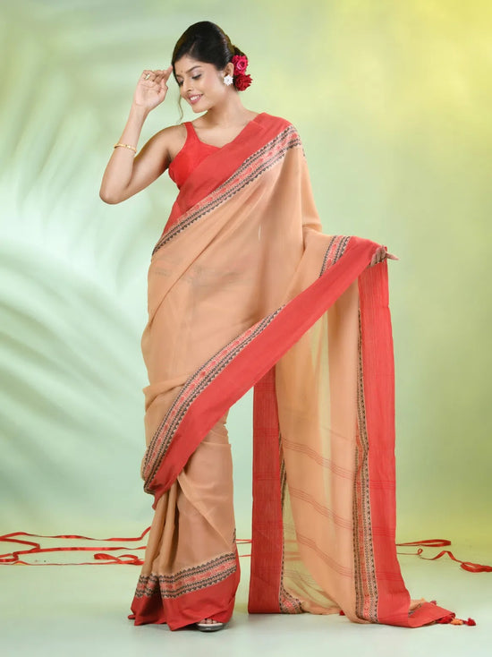 Beige Cotton Soft Saree With Contrasted Borders-MA62CT33720061