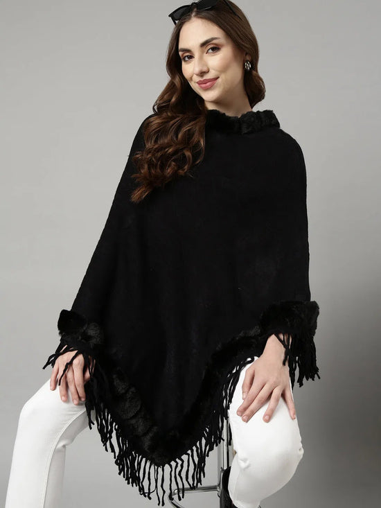 Women Solid Black Longline Poncho-CHN-9913-Black