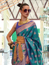 Saree Mall Women's  Blend Teal Blue Woven Design Designer Saree With Blouse Piece-KALKA303002