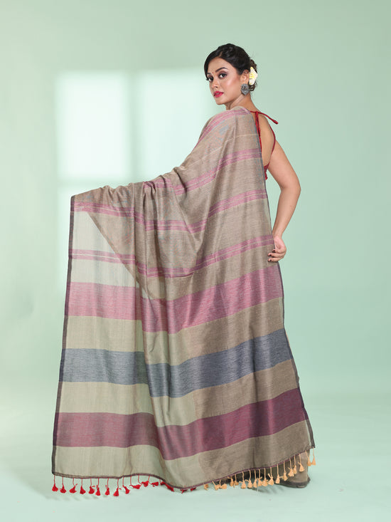 Ecru Cotton Saree With Stripes Design-MA59CT06530005