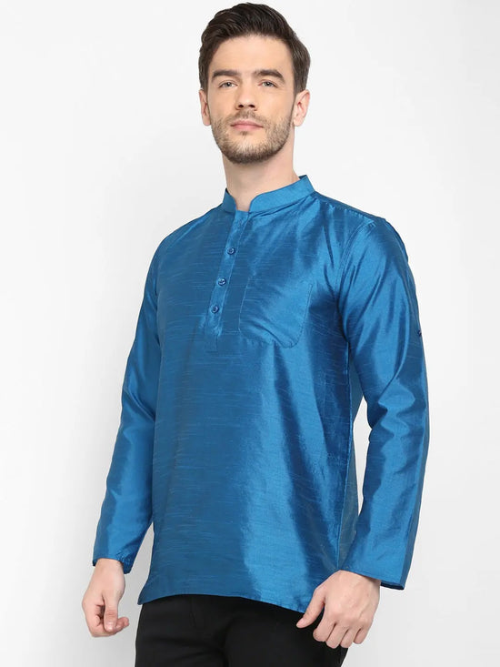 Hangup Men Standard Solid Men's Indian Wear-Turquoise_Dupion_Patch_ShortKurta