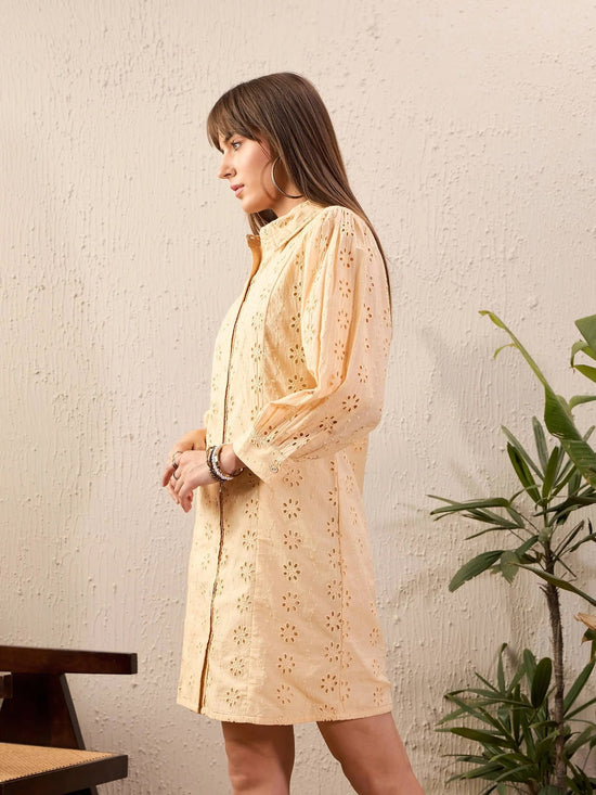 Women Beige Schiffli Shirt Dress