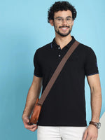 Venitian Men  Pique Matty Cotton Black 2 Zipper Pocket Polo Neck T-Shirt