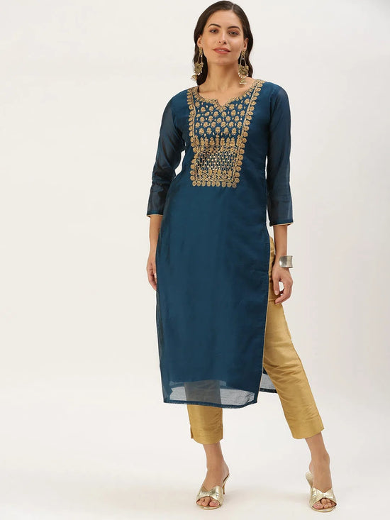 Women's Teal Embellished Straight Kurta-GC-1001-Teal