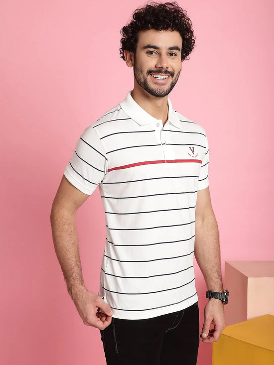 Venitian Men Printed Polo Neck Cotton White T-Shirt