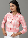 Women's Pink Colourblock Denim Jacket-AE-0174-Pink