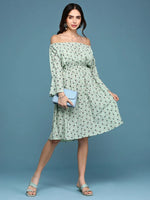 Women's A-Line Green Printed Dress-AE-9887-Greennavyblue