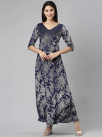 Women Navy Blue Printed Gown Dress-SP-6152-Navyblue