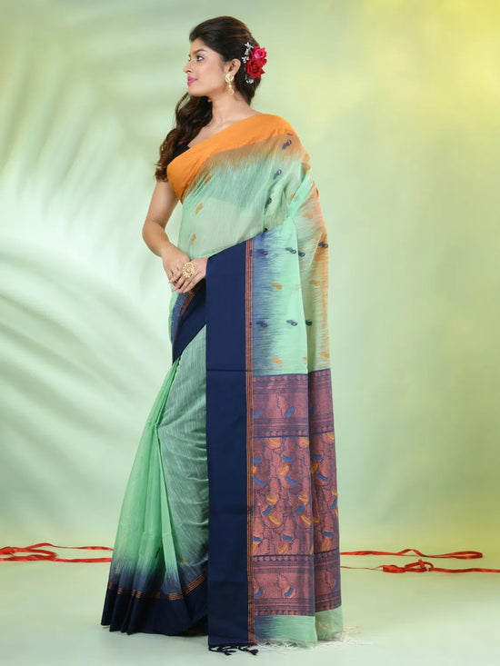 Light Green Cotton Ikat Saree With Ganga Jamuna Border-MA66BCT431380071