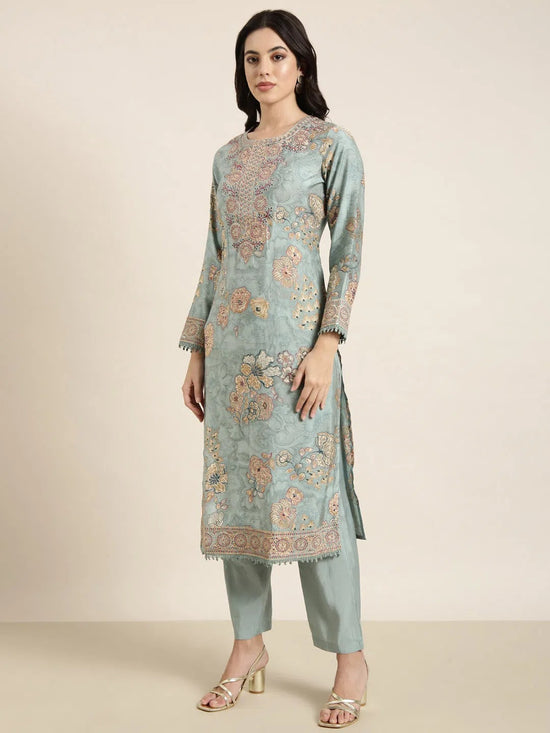 Women Straight Sea Green Solid Kurta and Trousers Set Comes With Dupatta-GW-4650-Seagreen